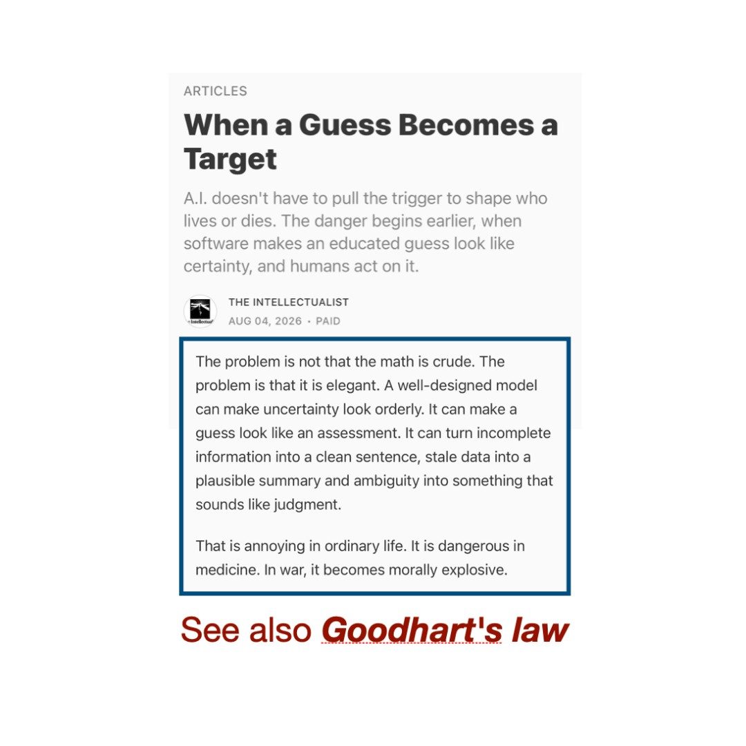 * https://www.lincolnsquare.media/p/when-a-guess-becomes-a-target

* https://en.wikipedia.org/wiki/Goodhart%27s_law